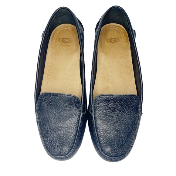 UGG Women's Flores Black Leather Moccasin Flats Size 7.5 round toe slip on flats - Picture 4 of 12